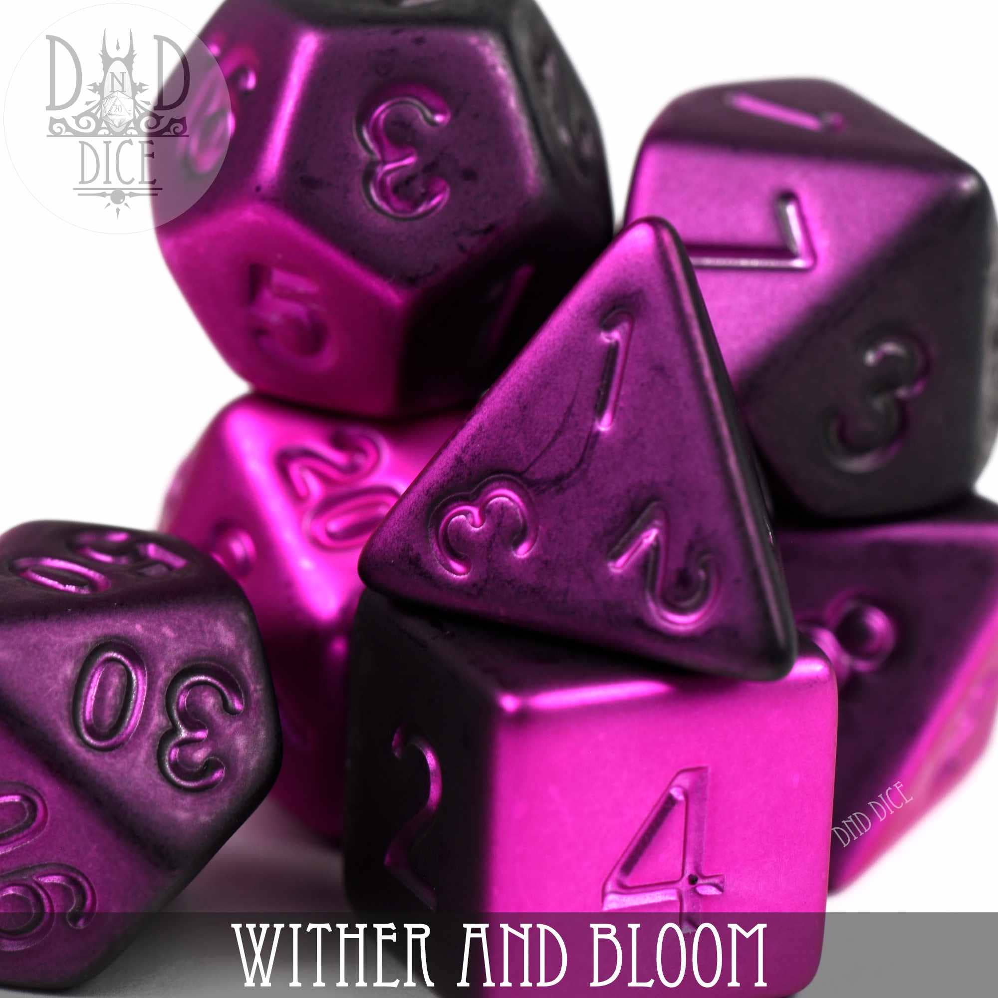 Wither and Bloom metallic purple DND dice set displaying numbers 1, 2, 3, 4, 5, and 30.