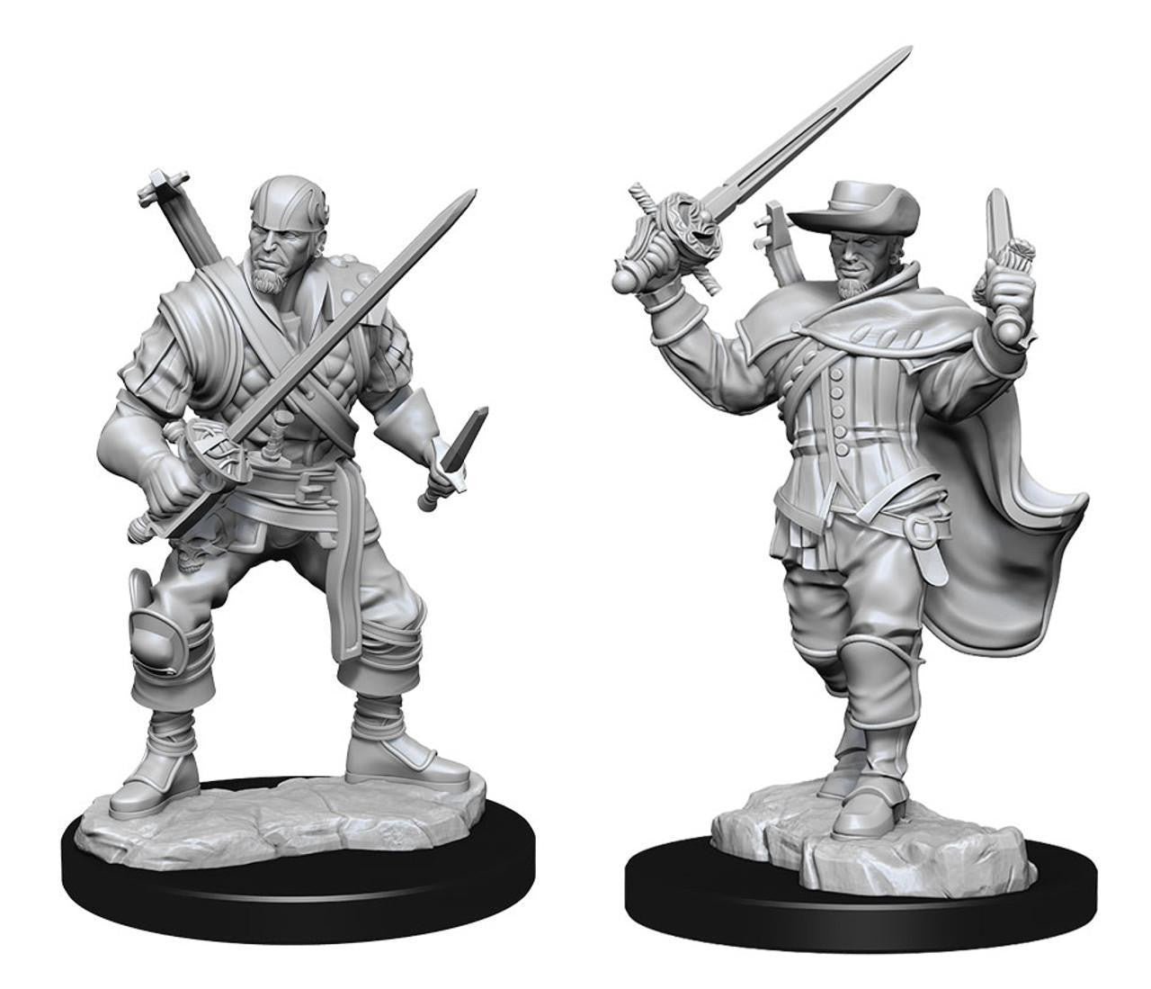 Two D&D miniatures: one figure with two swords, and a Human Male Bard W4 holding a sword and pistol.