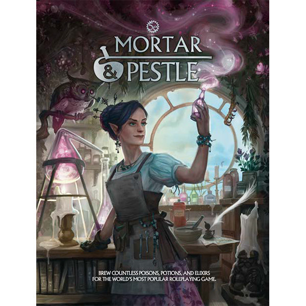 Mortar & Pestle with glowing potions, alchemy tools, books, and 5e ingredients on a laboratory table.