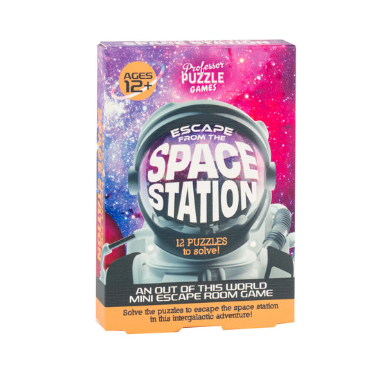 Escape from the Space Station mini escape room game for ages 12+, features intergalactic puzzles and space-themed design.