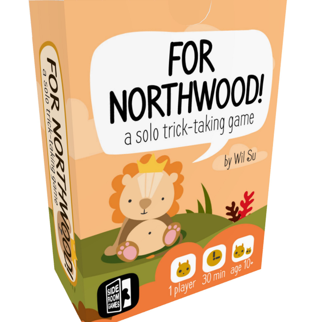 For Northwood solo trick-taking game for 1 player, 30 min playtime, age 10+, with cartoon lion on cover.