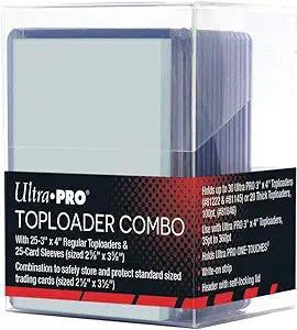 Top loader combo with 25 sports card holders and sleeves for trading card storage.