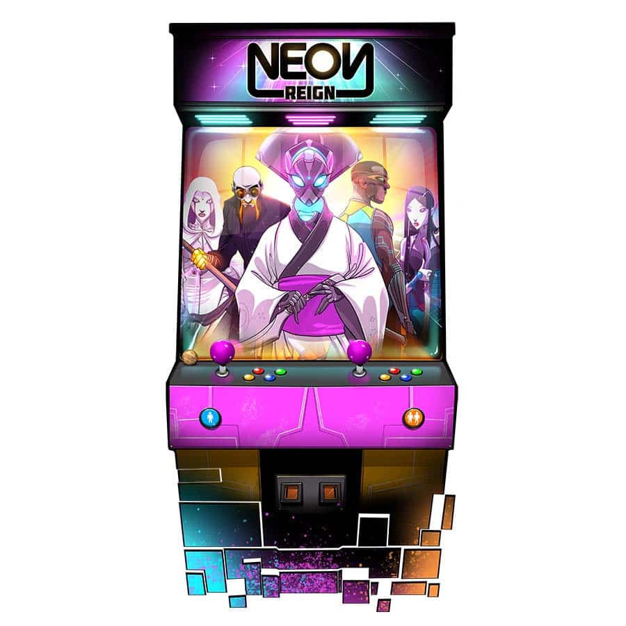 Neon Reign arcade cabinet with game logo and characters displayed.