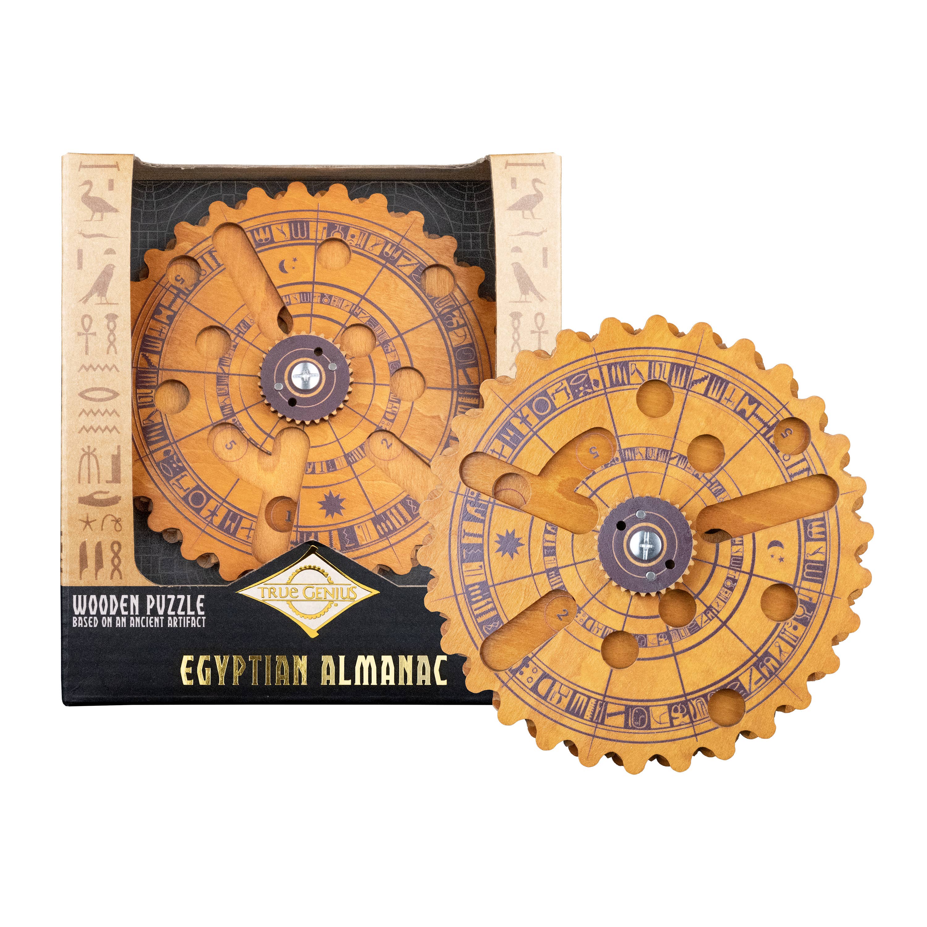 Egyptian Almanac Mathematical Brainteaser wooden puzzle with engraved symbols, shown both packaged and assembled.