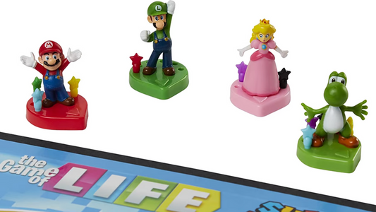 Game of Life Super Mario board game pieces: Mario, Luigi, Peach, and Yoshi on colored bases.