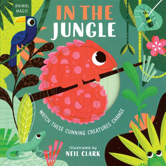 Magic Window in the Jungle book with red chameleon, jungle animals, plants, toucan, and insects on the cover.