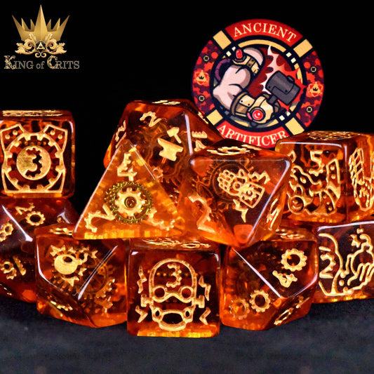 Amber Ancient Artificer 11 Dice Set with gold engravings and a round Artificer badge.