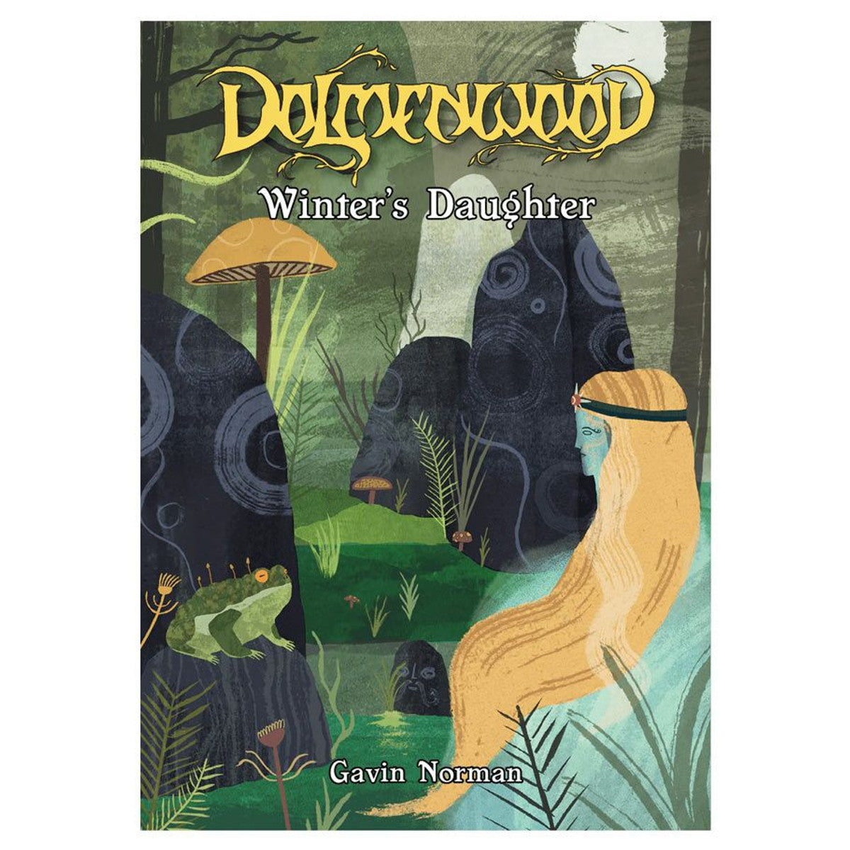 Dolmenwood Official Adventure Scenario: Winter’s Daughter book cover with a blonde woman, stones, frog, and mushrooms.
