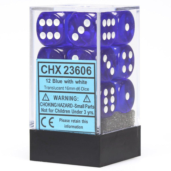 Set of twelve 16mm translucent blue dice with white pips, packaged in a clear plastic box.