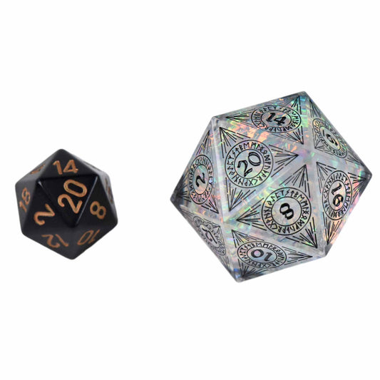 34mm D20 Halls of Asgard dice set: one black with gold numbers, one clear with holographic designs and numbers.