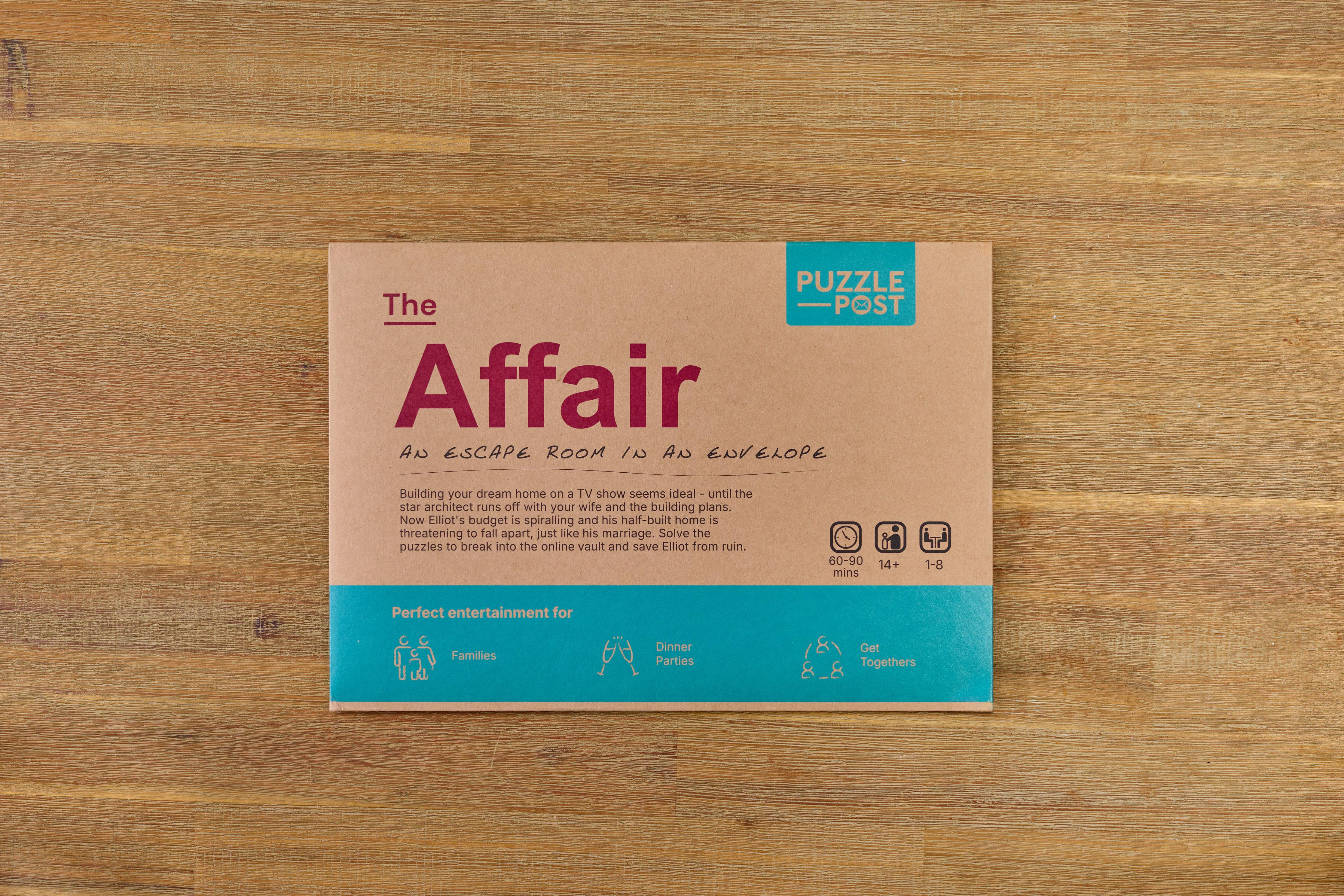 Brown envelope labeled Escape Room | Puzzle Game | Board Game | The Affair.