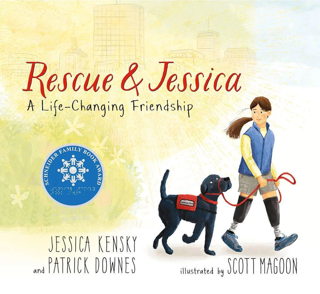 Rescue & Jessica book cover featuring a girl with prosthetic legs and her service dog.