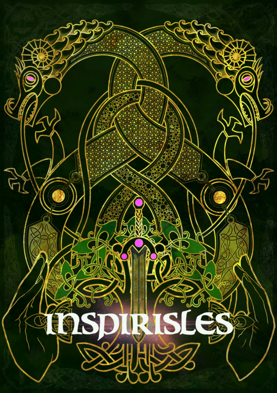 Inspirisles tabletop game with Celtic knotwork, dragons, jeweled sword, and ASL tutorials.