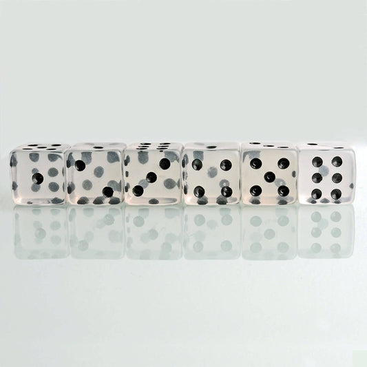 Set of six clear WE Games dice.