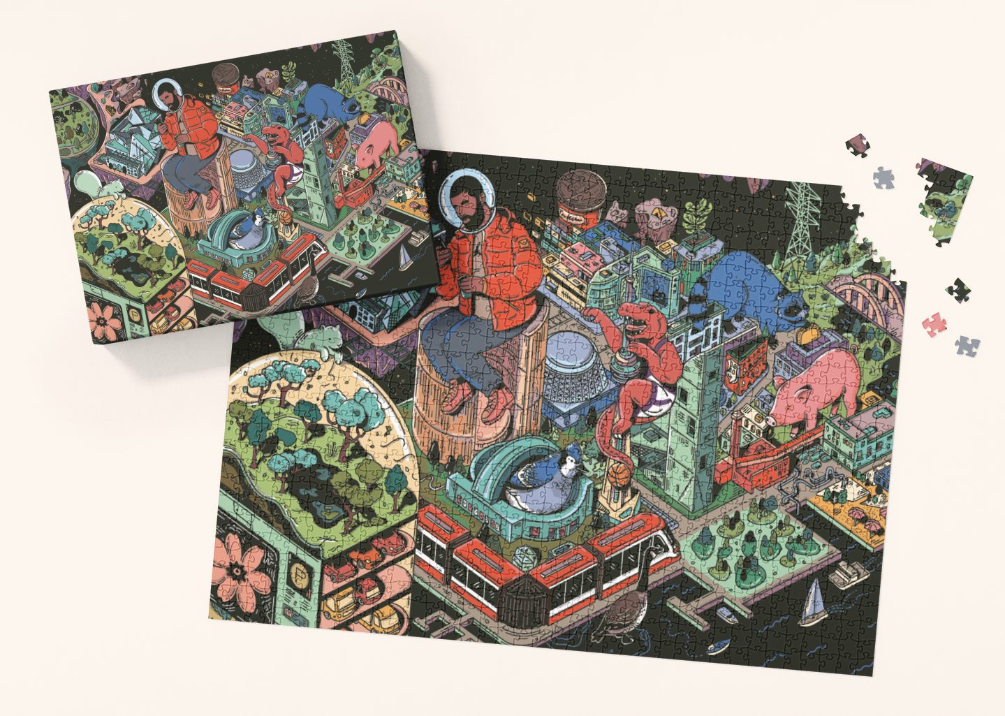 Space Jam Toronto 1000-piece puzzle for adults with city, nature, animals, plants, and person in orange jacket.