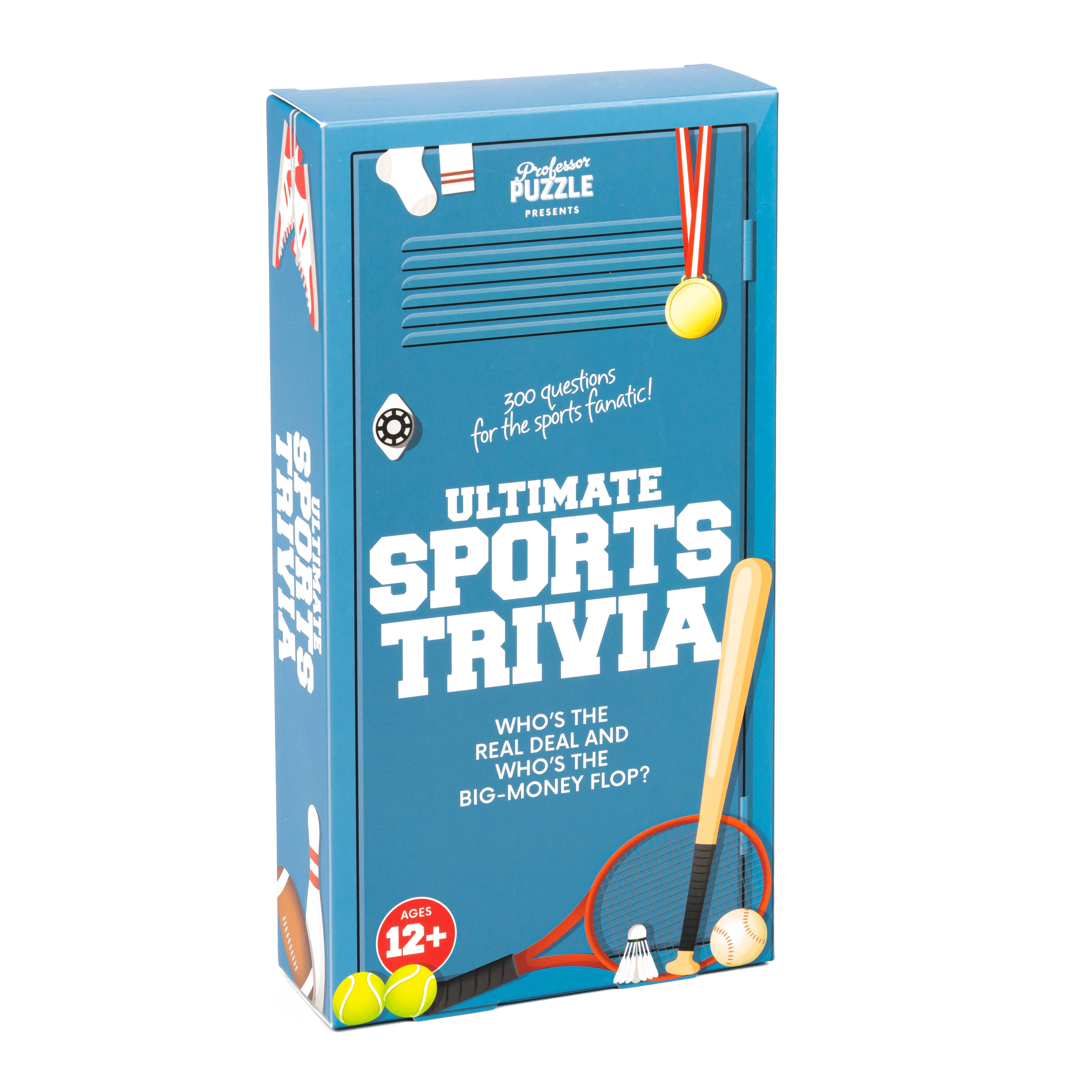 Ultimate Sports Trivia box in blue with sports equipment icons.