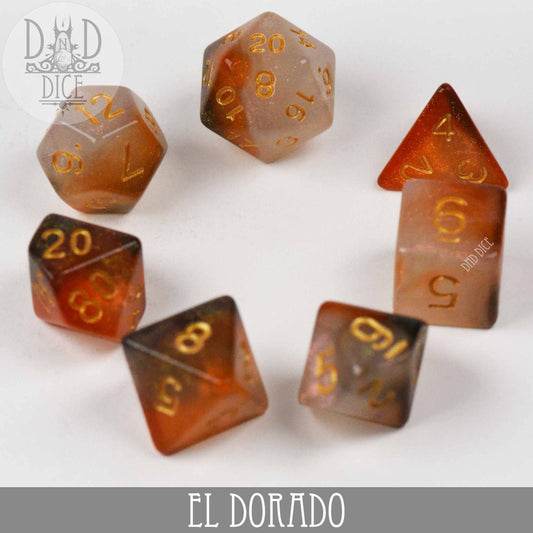 Seven orange and gold acrylic El Dorado DND dice displayed on a white background.