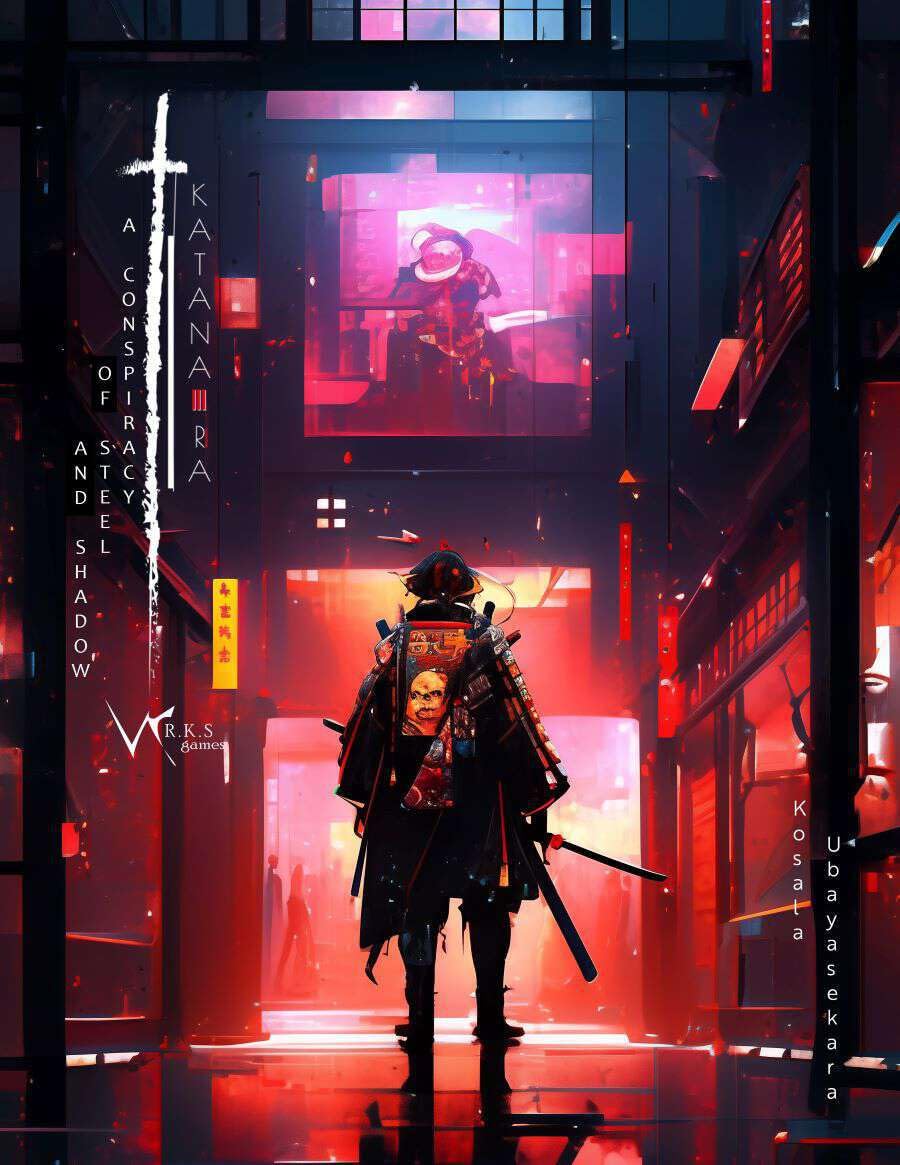 A Conspiracy of Shadow & Steel for Katana-Ra RPG featuring a samurai and a distant figure in a neon alley.