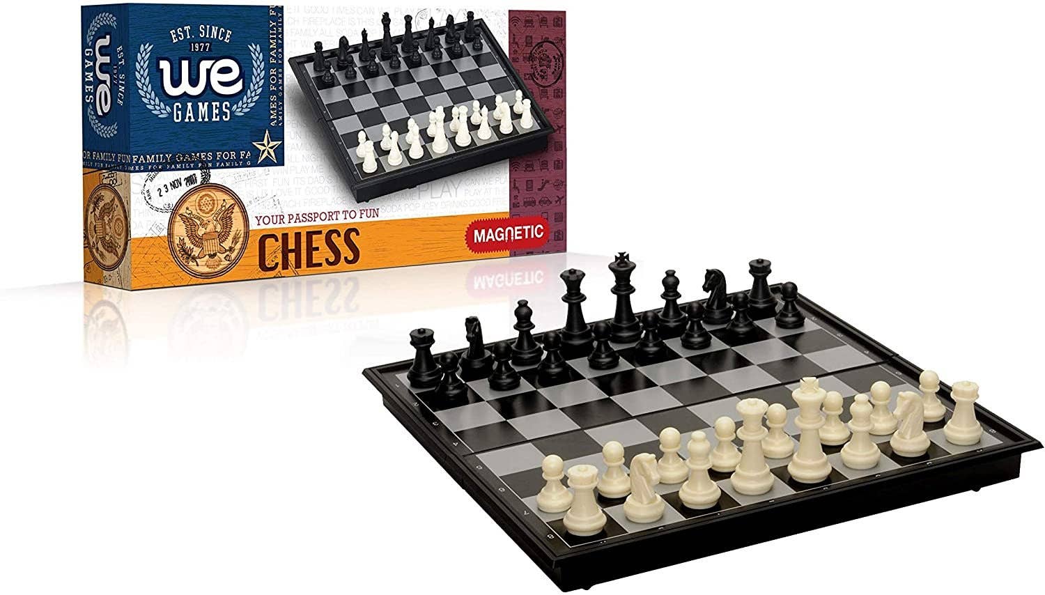 Magnetic Chess Set, 10 inches, with black and white pieces and WE Games Chess: Your Passport to Fun box.