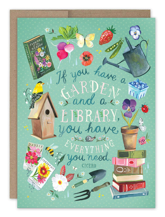 Garden & Library Birthday Card by Katie Daisy with gardening tools, plants, books, and a quote.