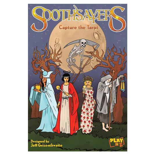 Soothsayers tarot card featuring four figures, a skeleton above, and a full moon.