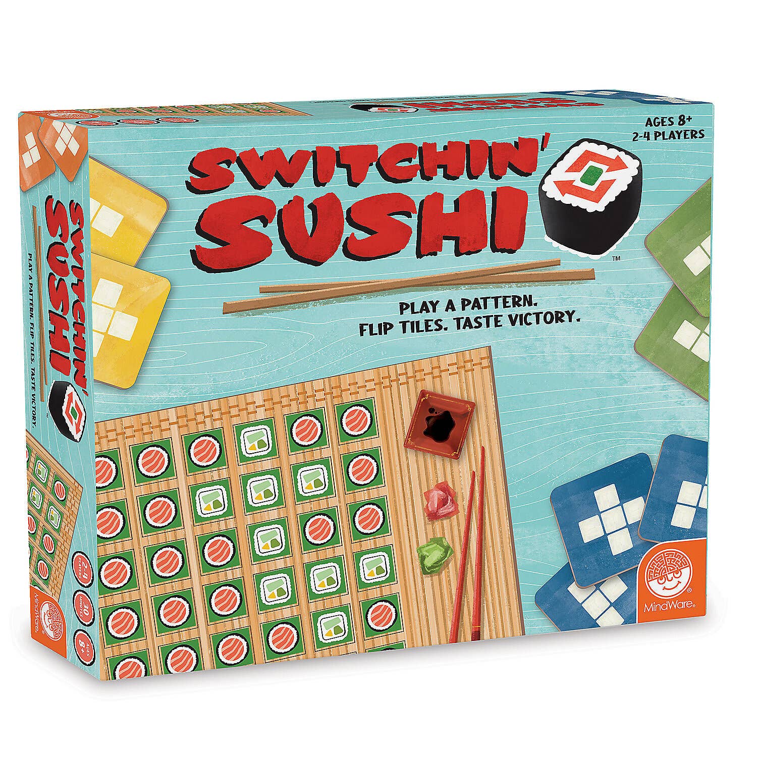 Switchin Sushi game box with colorful sushi tiles visible on packaging.