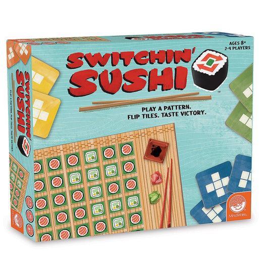 Switchin Sushi game box with colorful sushi tiles visible on packaging.
