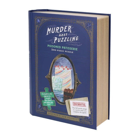Murder Most Puzzling 500-piece Poisoned Patisserie mystery puzzle in blue book-style box.
