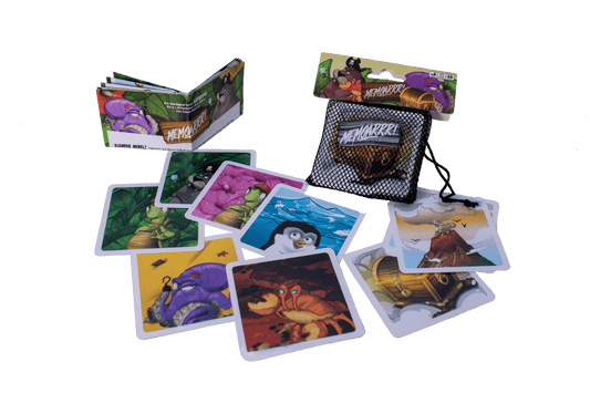 Memoarr memory game with animal cards, booklet, and waterproof components in a mesh pouch.