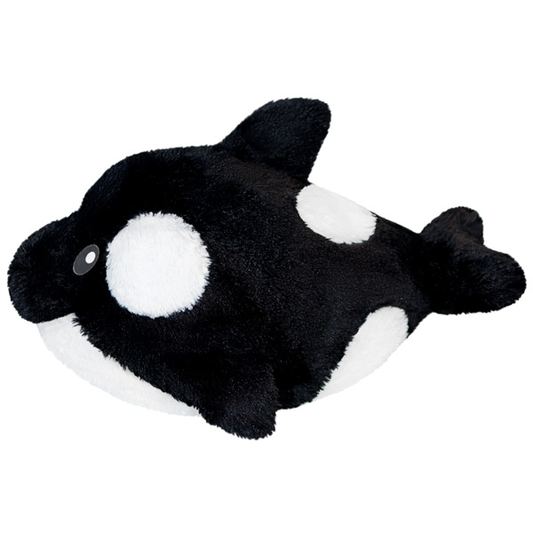 Orca II Squishable plush in black and white with round white spots, designed to resemble a whale.