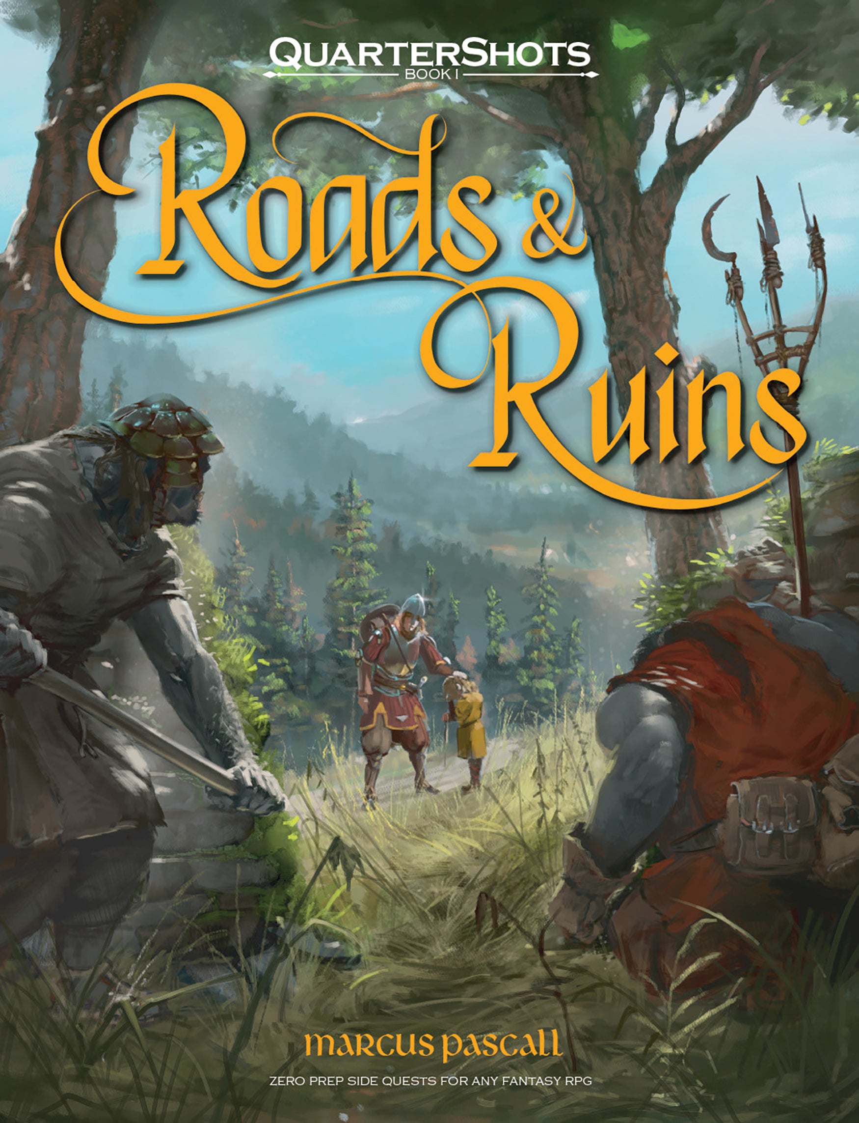 Roads & Ruins product featuring adventurers and armored creatures in a forest, suitable for system-neutral side quests.