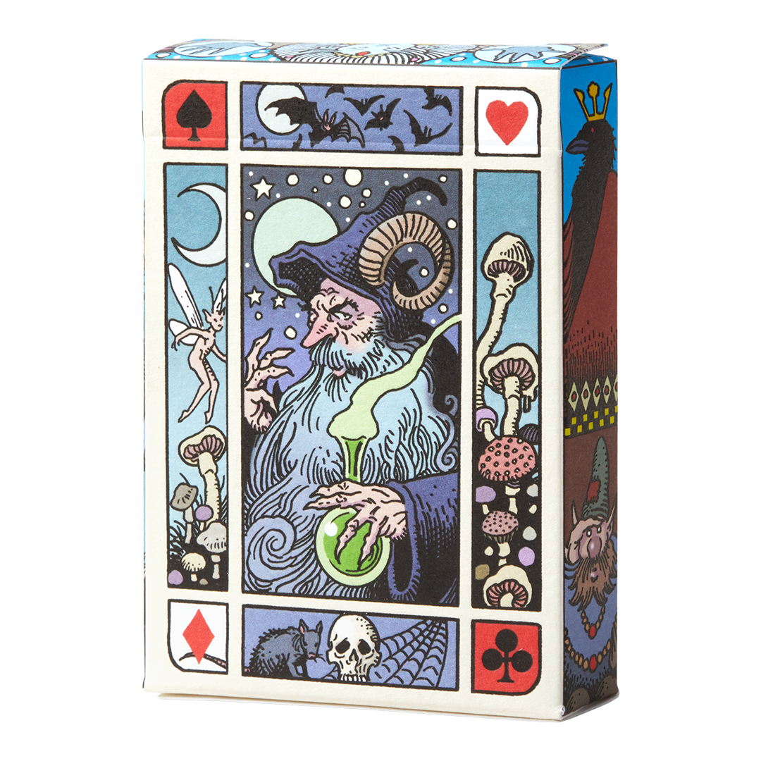 Fantasy Playing Cards tuck box featuring a wizard with a glowing vial.