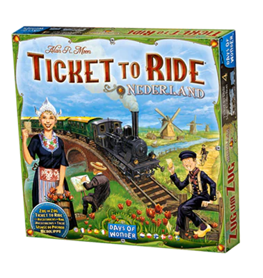 Ticket to Ride Nederland Map Collection 4 box showing train, windmills, tulips, and bridge toll tokens.