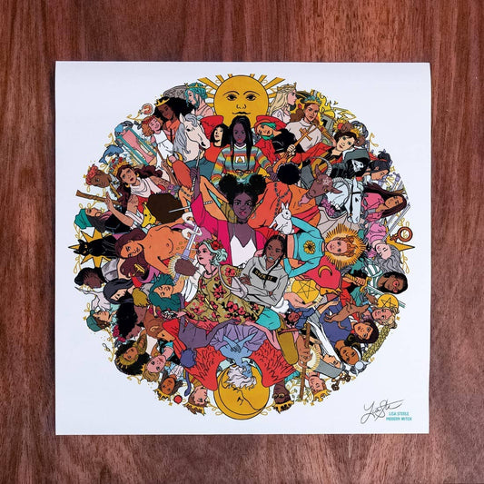 Modern Witch Deluxe 1,000 Piece Jigsaw Puzzle by Lisa Sterle featuring diverse women in a colorful circle.