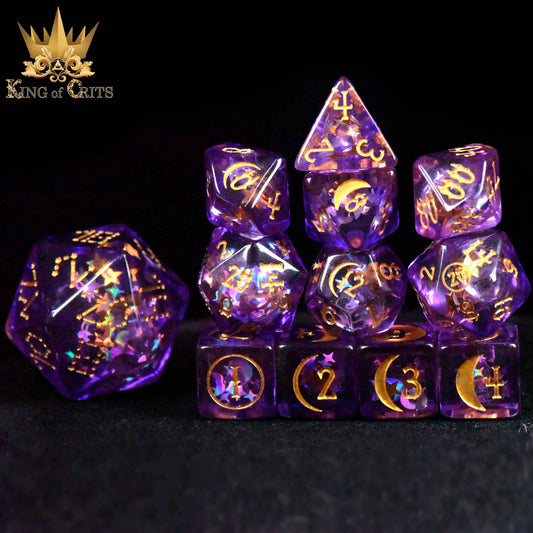 Moonlit Night 12 Dice Set: purple dice with moon phases and gold numbers, shown with King of Crits branding.