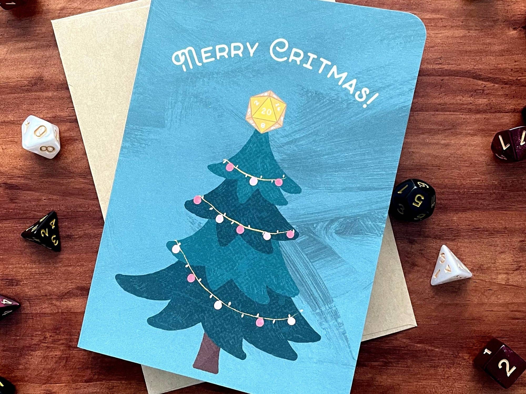 Merry Critmas Holiday Card for gamers with a tree, d20 topper, and dice accents. Handmade.