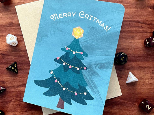 Merry Critmas Holiday Card for gamers with a tree, d20 topper, and dice accents. Handmade.