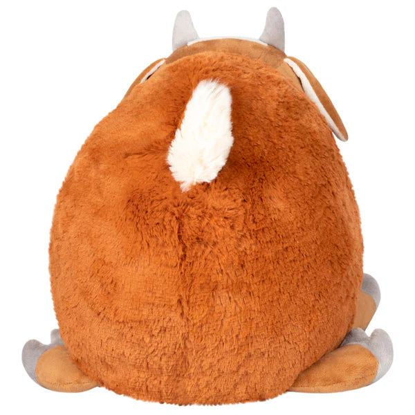 Baby Goat Squishable Plushie, round and plush, brown and tan with a white tail, shown from the back.