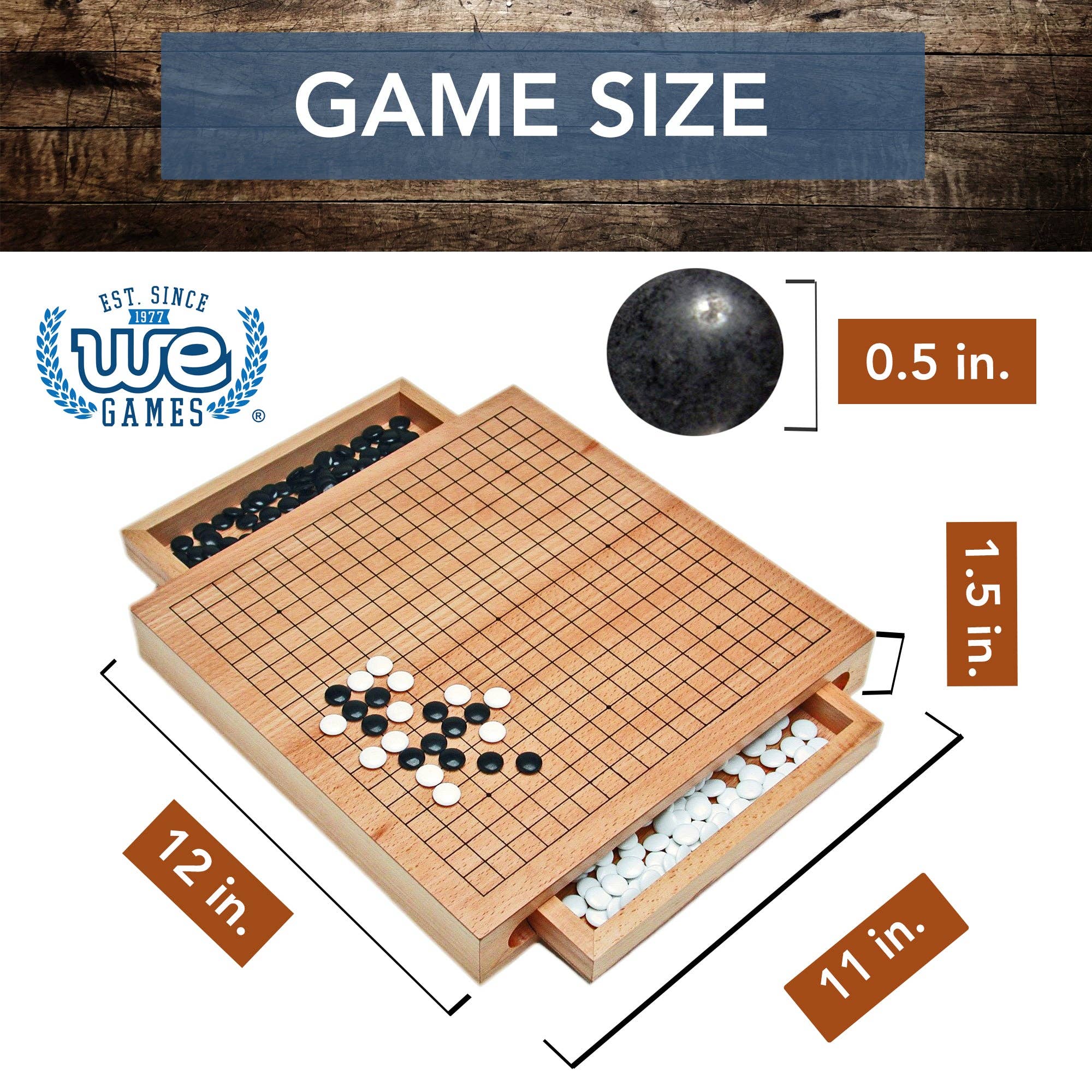 Wood GO Set with storage drawers, 12x11x1.5 board, and 0.5 black and white stones.
