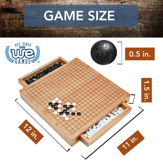 Wood GO Set with storage drawers, 12x11x1.5 board, and 0.5 black and white stones.