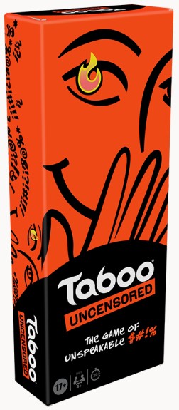 Taboo Uncensored adult party game with bright orange packaging.