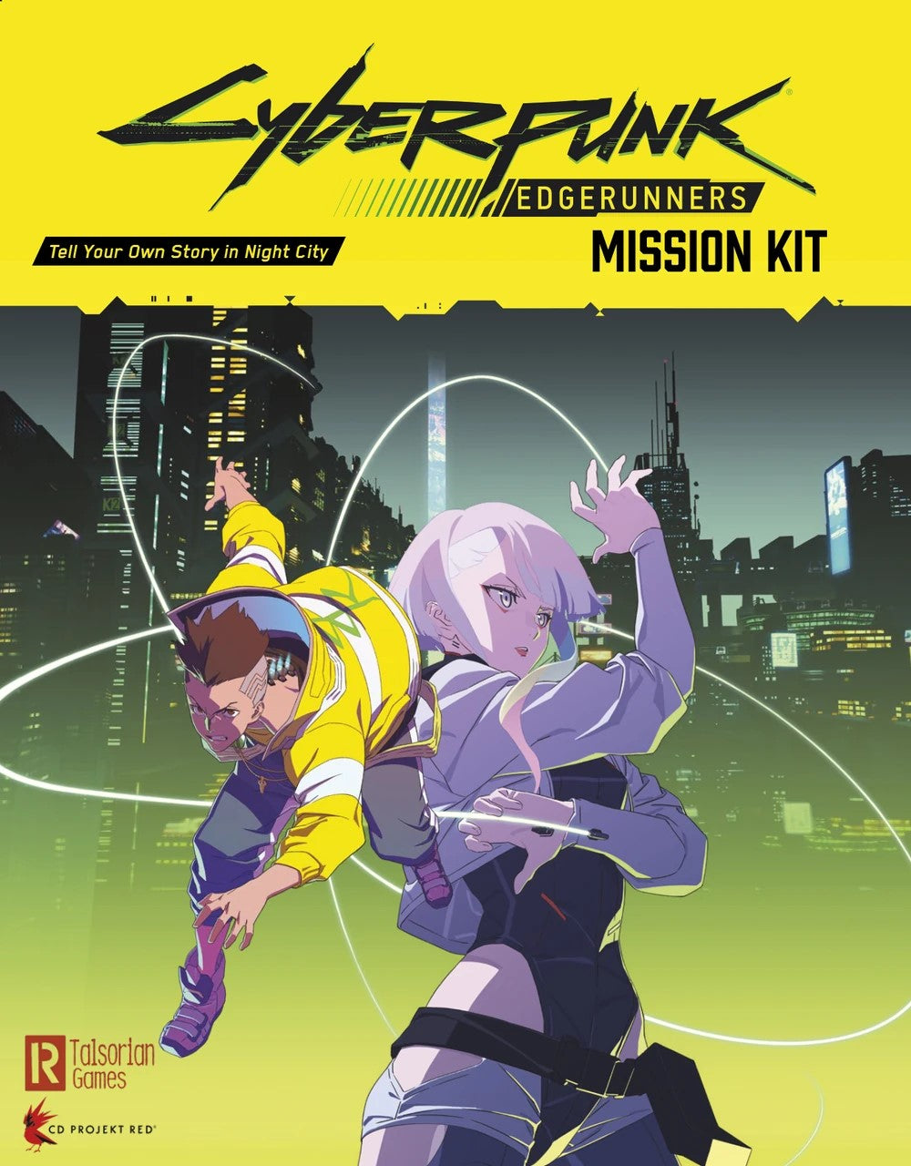 Cyberpunk: Edgerunners Mission Kit displayed with two animated characters and a neon-lit city backdrop.