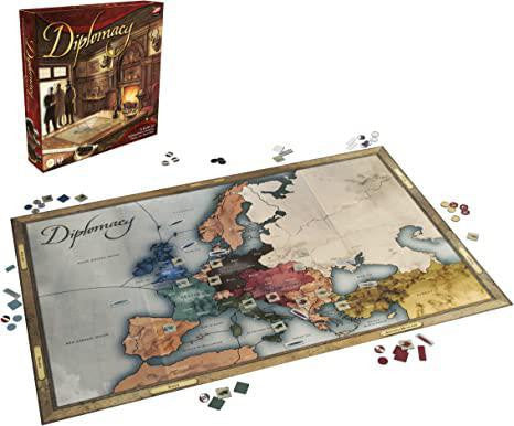 Diplomacy strategy board game set in pre-WWI Europe, with game tokens and pieces arranged for play.