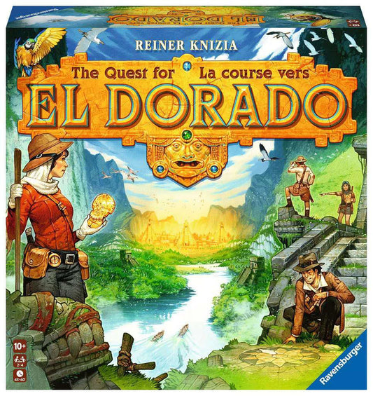 The Quest for El Dorado board game box featuring adventurers in a jungle and ruins.