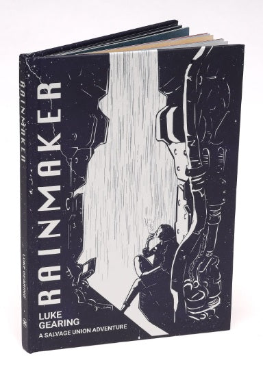 Rainmaker (Salvage Union RPG) tabletop game featuring post-apocalyptic mech adventure beneath machinery and rain.