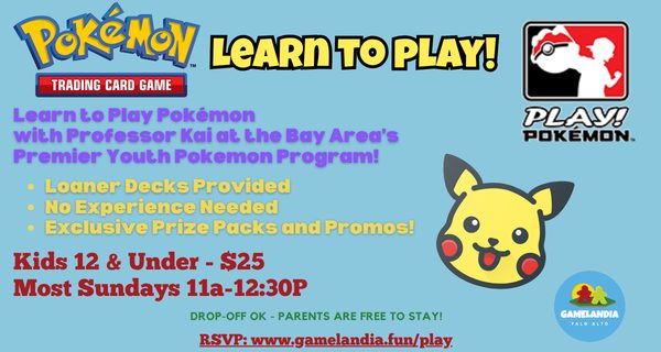 Event flyer: Youth Learn to Play Pokemon at Gamelandia, Nov 8. Includes age, time, and registration details.