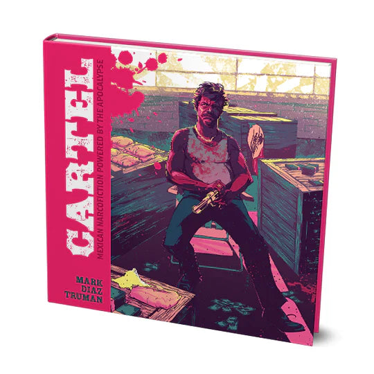Cartel RPG book cover featuring an armed man in a blood-stained shirt among crates.