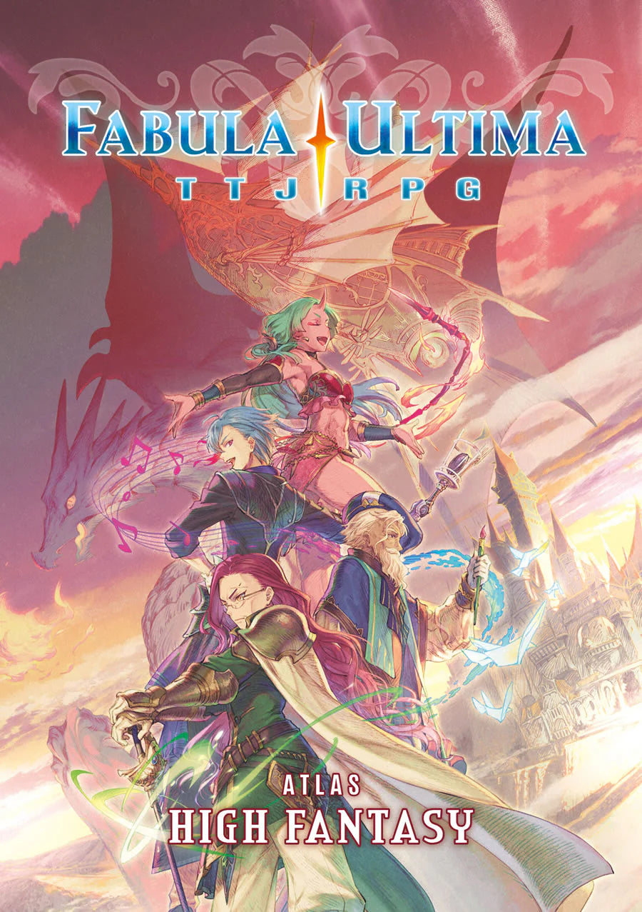 Fabula Ultima TTJRPG Atlas: High Fantasy cover featuring four heroes, a red dragon, and a castle.