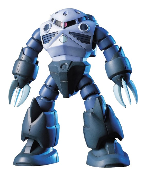 Gunpla HGUC 1/144 ZGok model kit, blue and gray with claws, segmented arms, and a dome-shaped head.