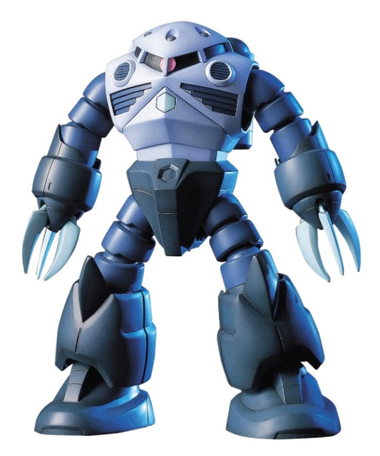 Gunpla HGUC 1/144 ZGok model kit, blue and gray with claws, segmented arms, and a dome-shaped head.